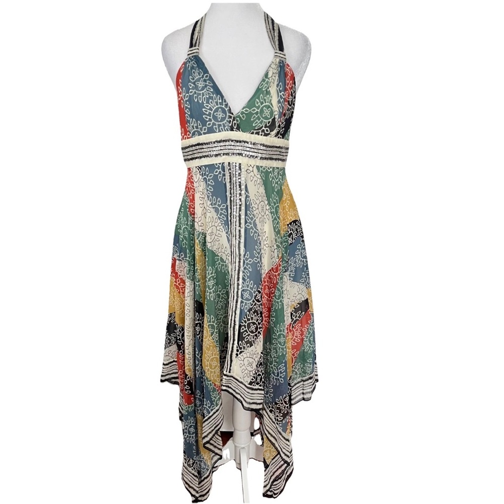 VTG BCBGMaxazria Silk boho Print Halter Dress Handkerchief Hem Taylor Swift